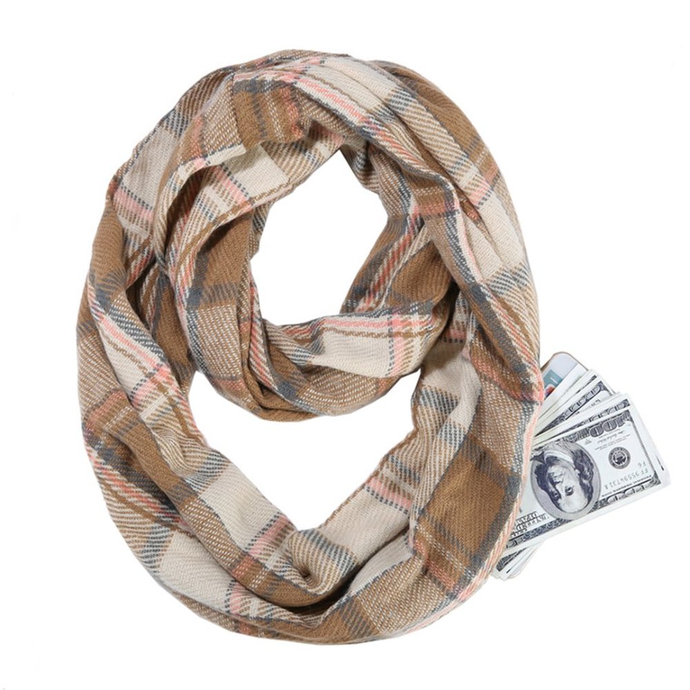 Red & Black Plaid Infinity Scarf with Hidden Zipper Pocket Scarf